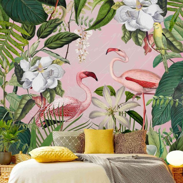 Floral wallpaper Tropical Flamingos With Plants In Pink