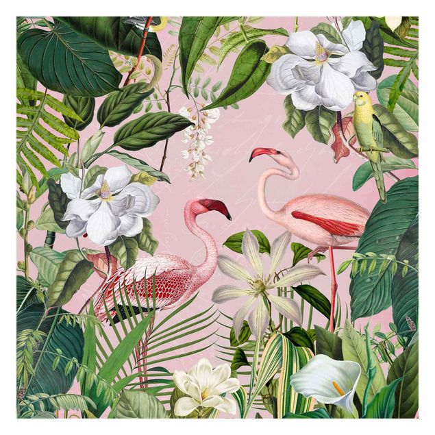 Vintage aesthetic wallpaper Tropical Flamingos With Plants In Pink