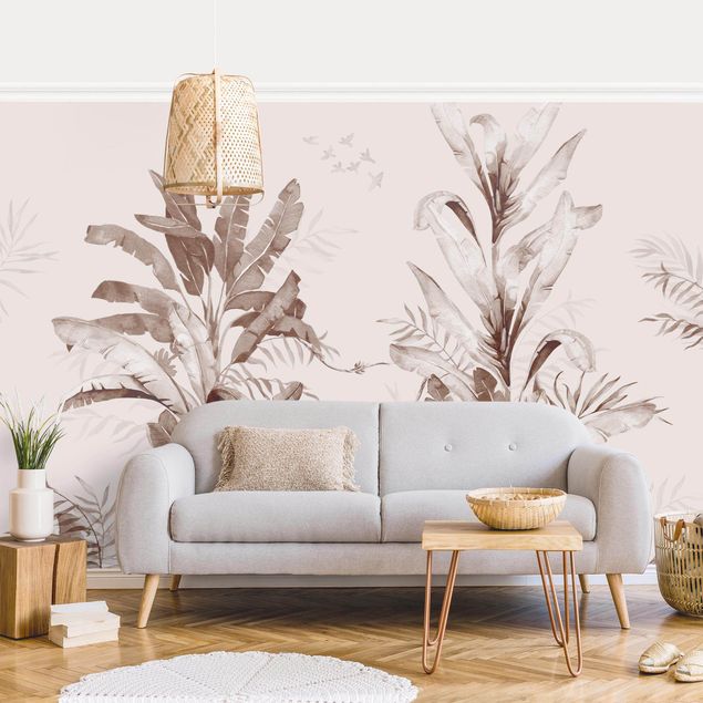 Modern wallpaper designs Tropical Palm Trees And Leaves Sepia