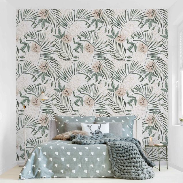 Modern wallpaper designs Tropical Palm Bows With Roses Watercolour