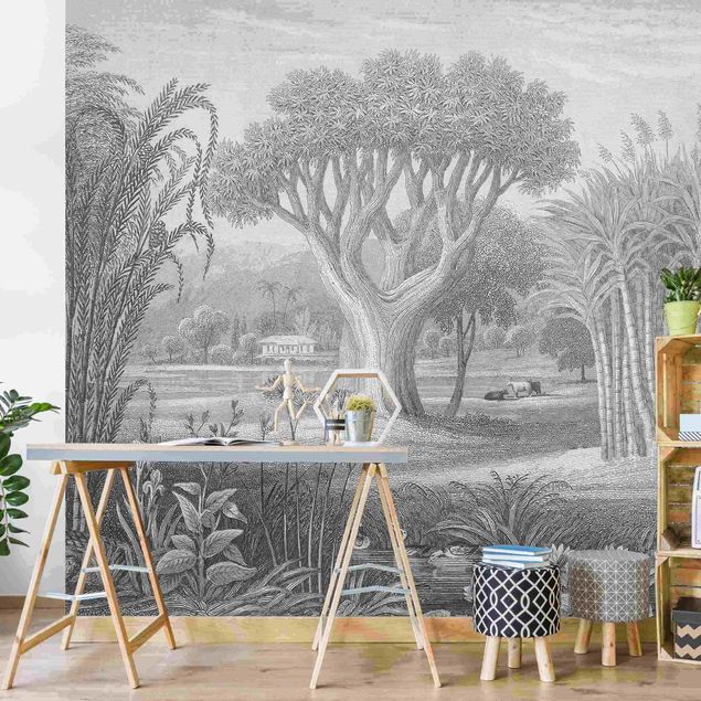 Retro wallpaper Tropical Copperplate Engraving Garden With Pond In Grey