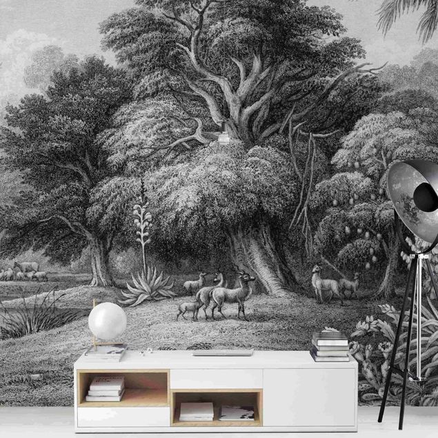 Retro wallpaper Tropical Copperplate Engraving In Warm Grey
