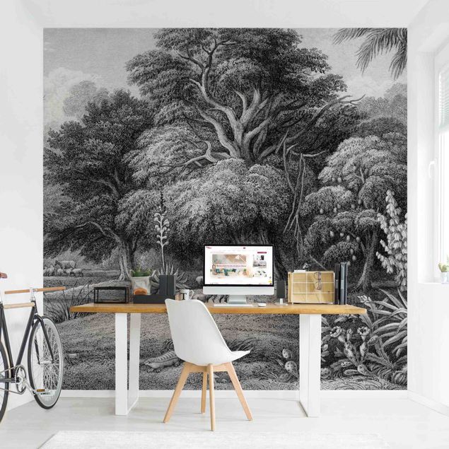 Wallpapers modern Tropical Copperplate Engraving In Warm Grey