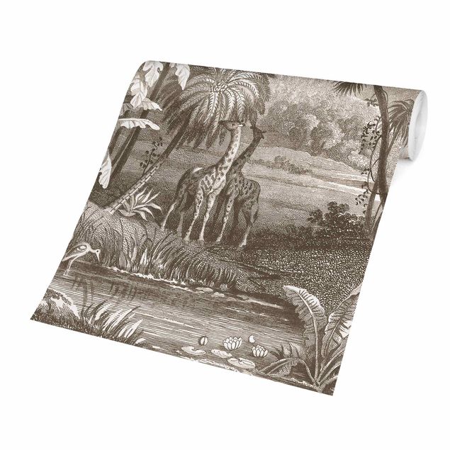 Wallpapers animals Tropical Copperplate Engraving With Giraffes In Brown