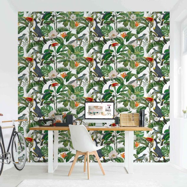Floral wallpaper Tropical Toucan With Monstera And Palm Leaves