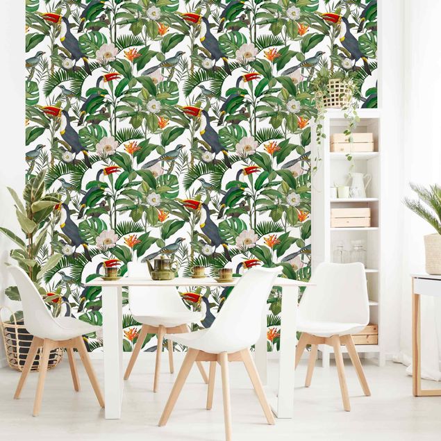 Wallpapers animals Tropical Toucan With Monstera And Palm Leaves