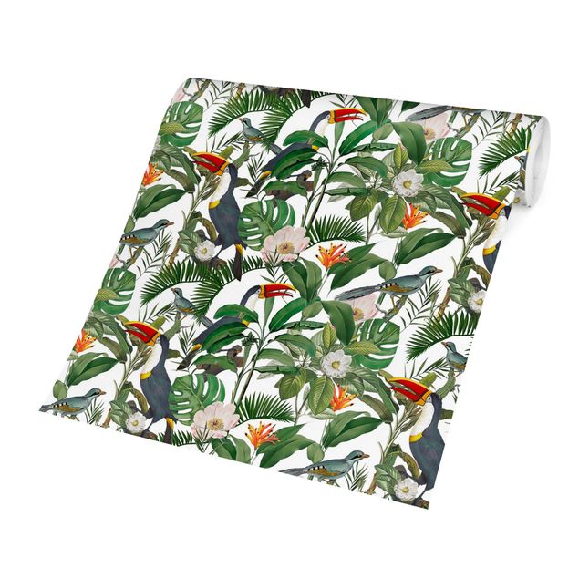 Vintage aesthetic wallpaper Tropical Toucan With Monstera And Palm Leaves
