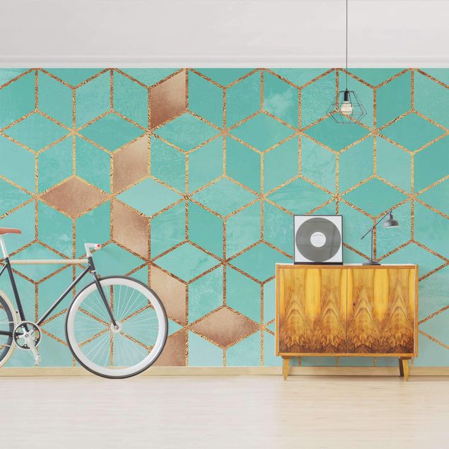 Geometric pattern wallpaper Turquoise White Golden Geometry