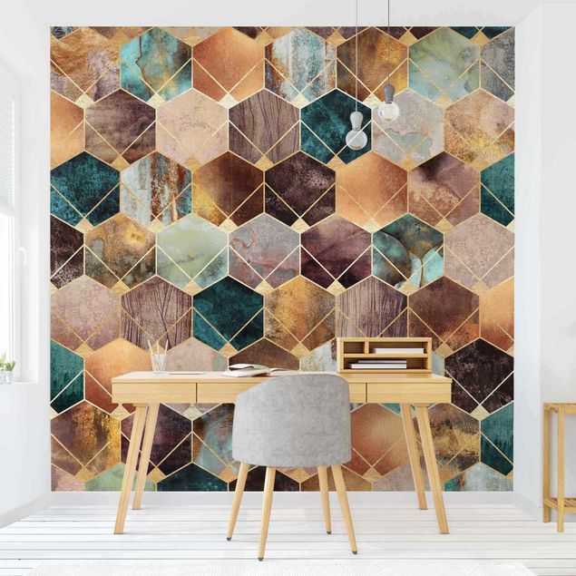 Geometric pattern wallpaper Turquoise Geometry Golden Art Deco