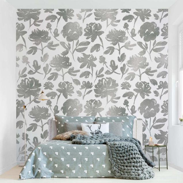 Modern wallpaper designs Ink Drawing Silver Roses