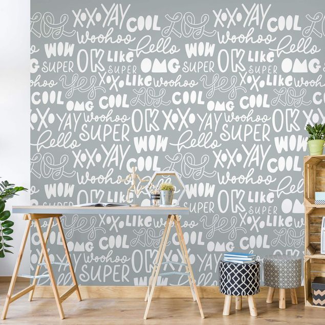 Contemporary wallpaper Typography Hello Super Wow On Grey
