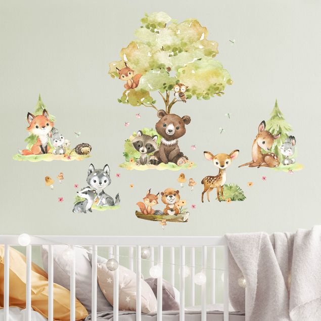 Woodland tree wall stickers Forest Animal Friends Watercolour