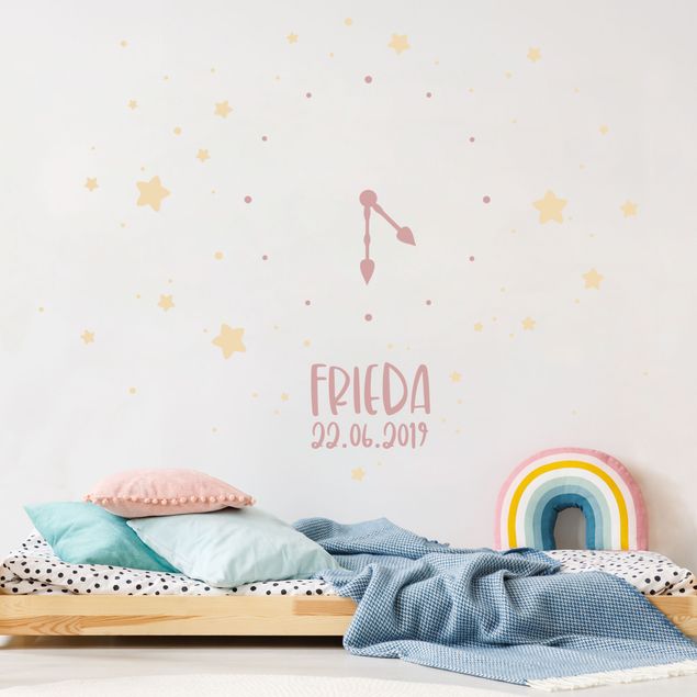 Wall decal Clock With Customised Text Stars Light Pink