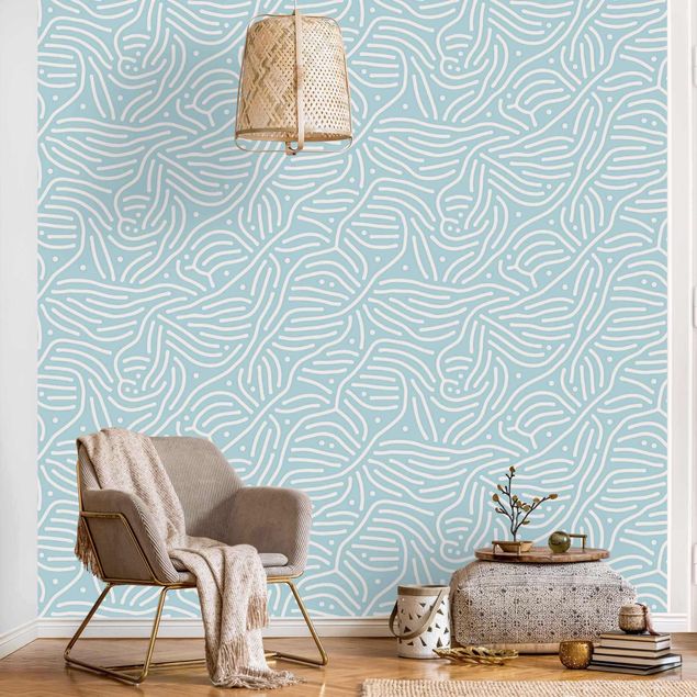 Striped wallpaper Playful Pattern With Lines And Dots In Light Blue