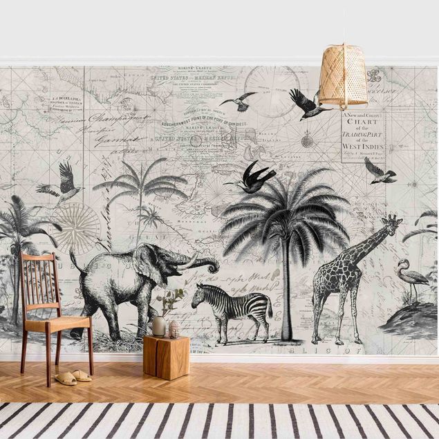Wallpapers elefant Vintage Collage - Exotic Map