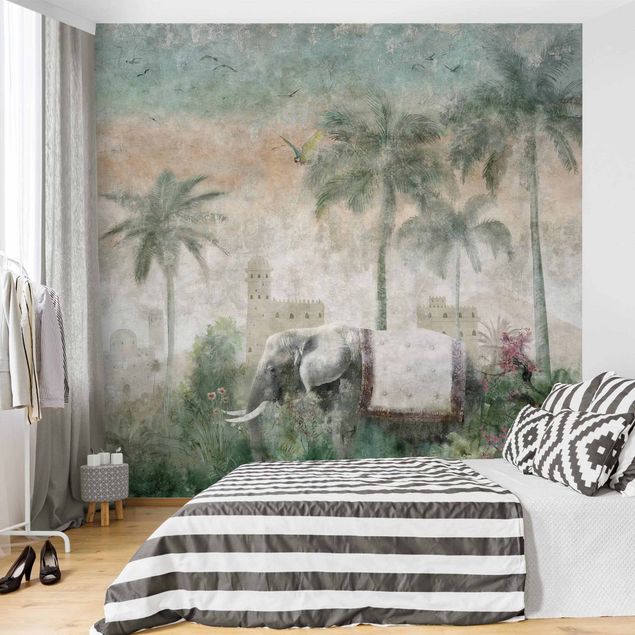 Wallpapers flower Vintage Jungle Scene with Elephant