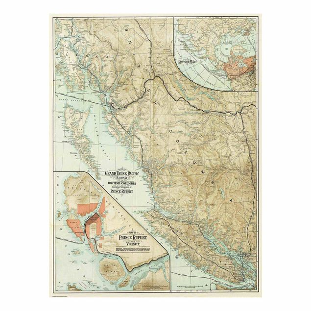 Prints multicoloured Vintage Map British Columbia