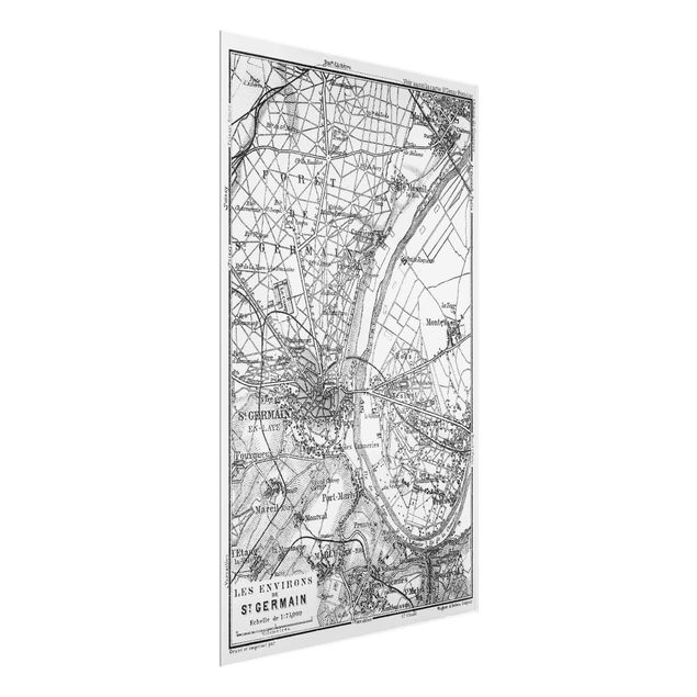 Glass prints black and white Vintage Map St Germain Paris
