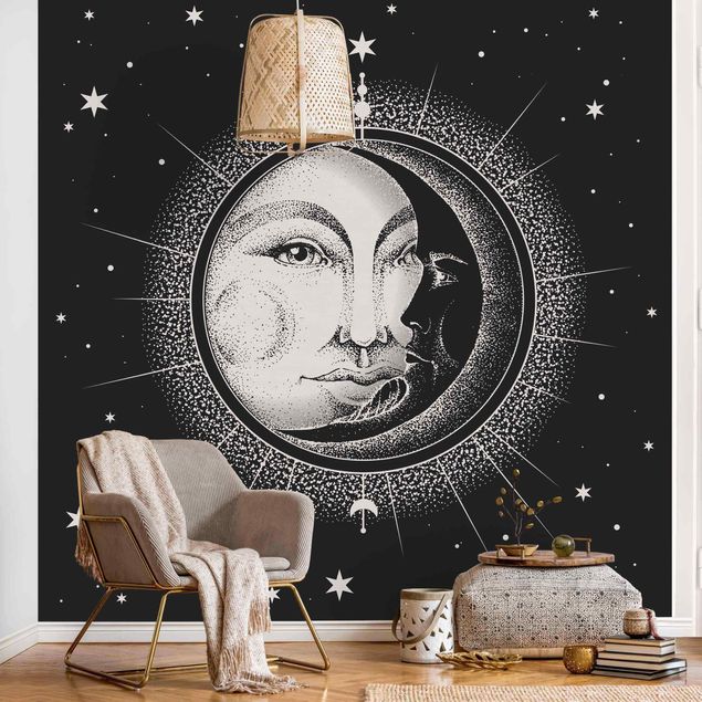 Black and white aesthetic wallpaper Vintage Sun And Moon Illustration