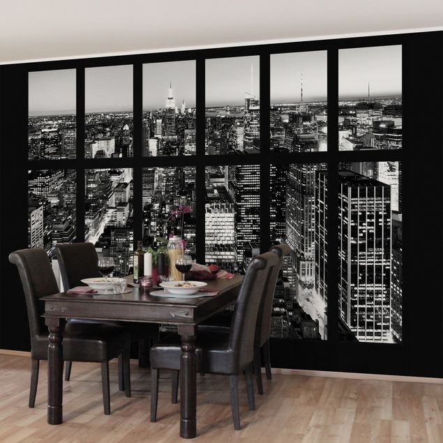 Modern wallpaper designs Window View Manhattan Skyline In Black And White
