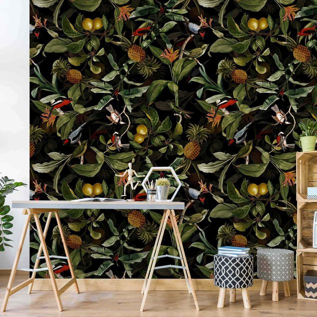Floral wallpaper Birds With Pineapple Green