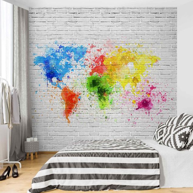 Contemporary wallpaper White Brick Wall World Map