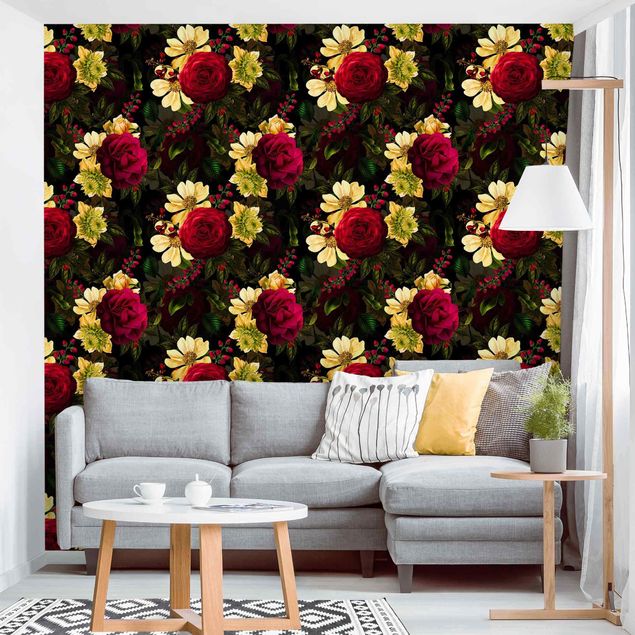Contemporary wallpaper White Flowers With Red Roses