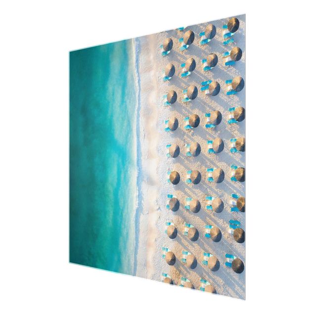 Glass prints beach White Sandy Beach With Straw Parasols