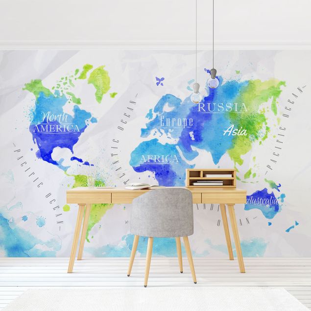 Contemporary wallpaper World Map Watercolour Blue Green