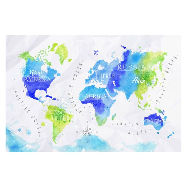 Peel and stick wallpaper World Map Watercolour Blue Green