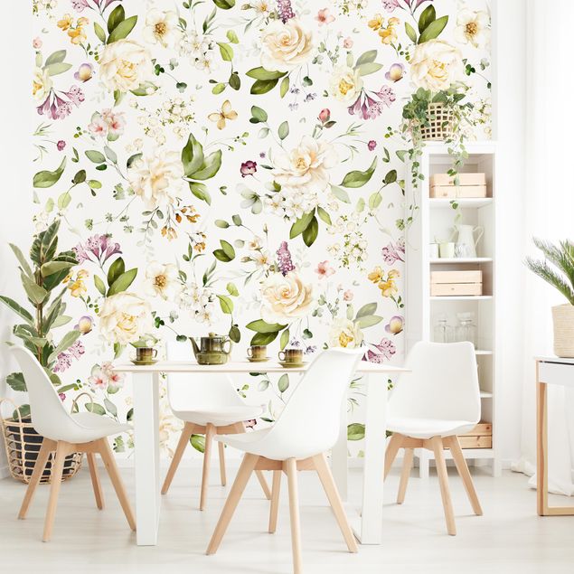 Rose flower wallpaper Wildflowers and White Roses Watercolour Pattern