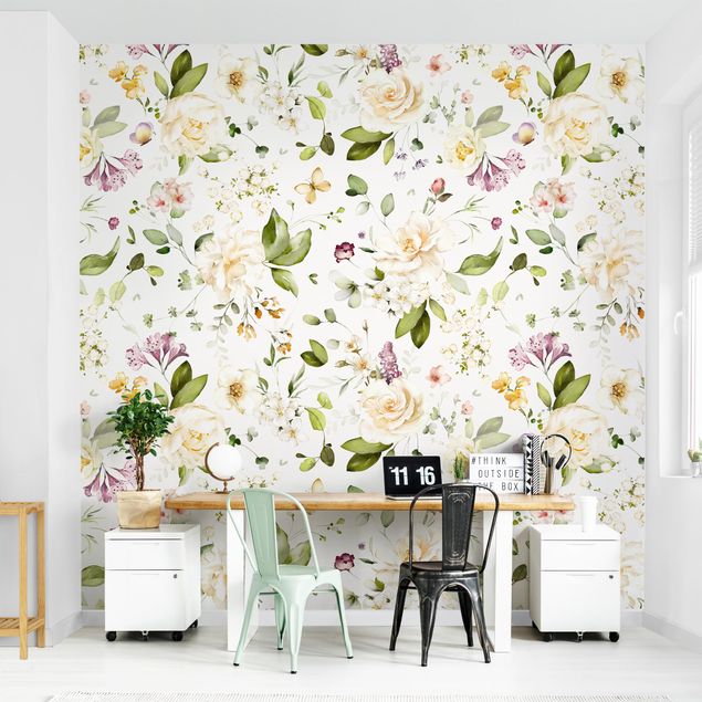 Wallpapers animals Wildflowers and White Roses Watercolour Pattern