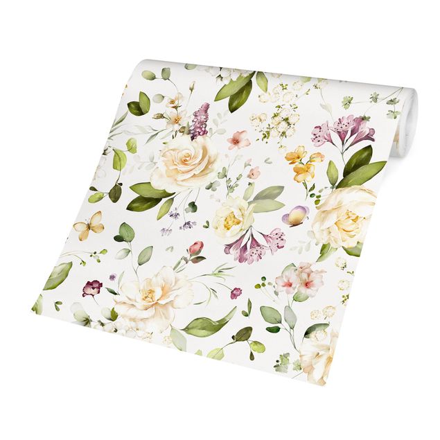 Modern wallpaper designs Wildflowers and White Roses Watercolour Pattern