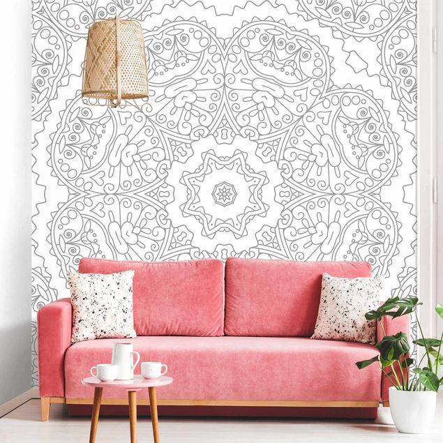 Contemporary wallpaper Zigzag Mandala Flower With Star In Grey