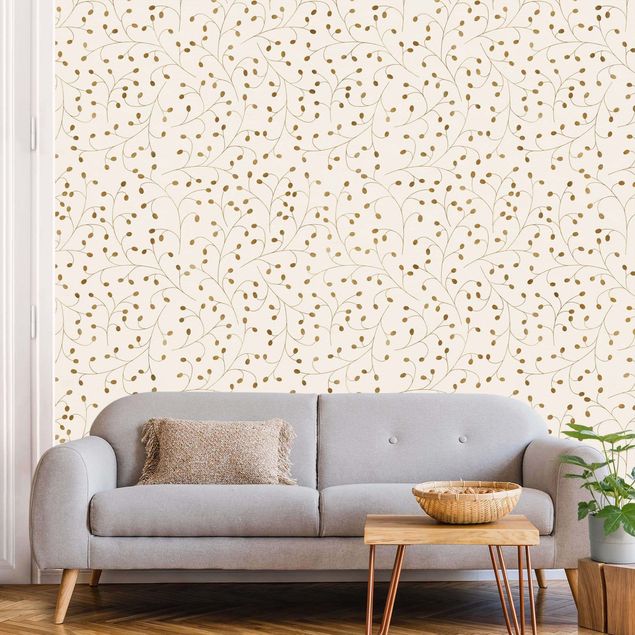Wallpapers gold and silver Delicate Branch Pattern With Dots In Gold