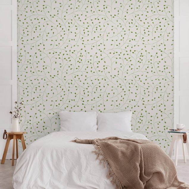 Contemporary wallpaper Delicate Branch Pattern With Dots In Green II