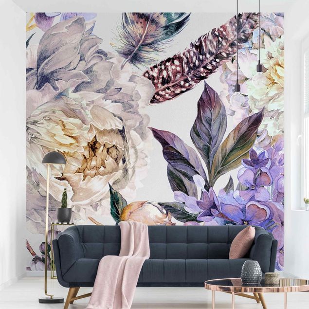 Wallpapers rose Delicate Watercolour Boho Flowers And Feathers Pattern