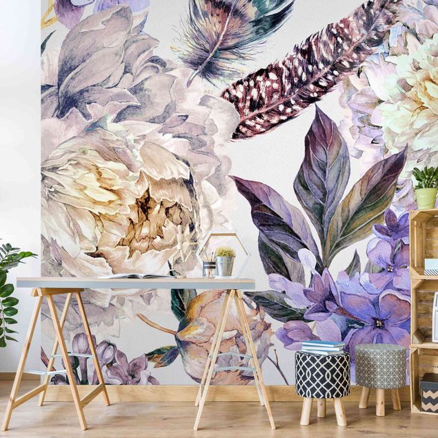 Wallpapers flower Delicate Watercolour Boho Flowers And Feathers Pattern
