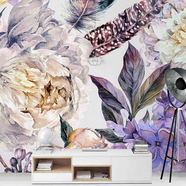 Wallpapers modern Delicate Watercolour Boho Flowers And Feathers Pattern