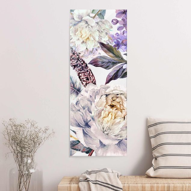 Glass prints rose Delicate Watercolour Boho Flowers And Feathers Pattern
