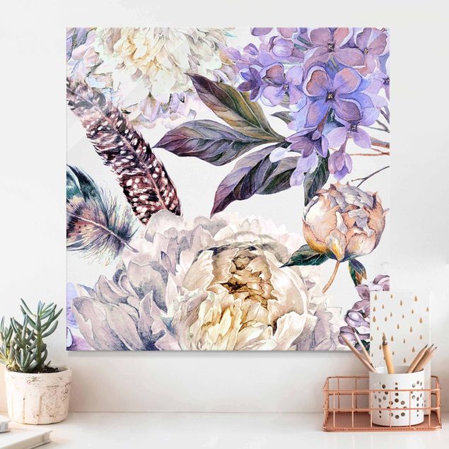 Glass prints rose Delicate Watercolour Boho Flowers And Feathers Pattern