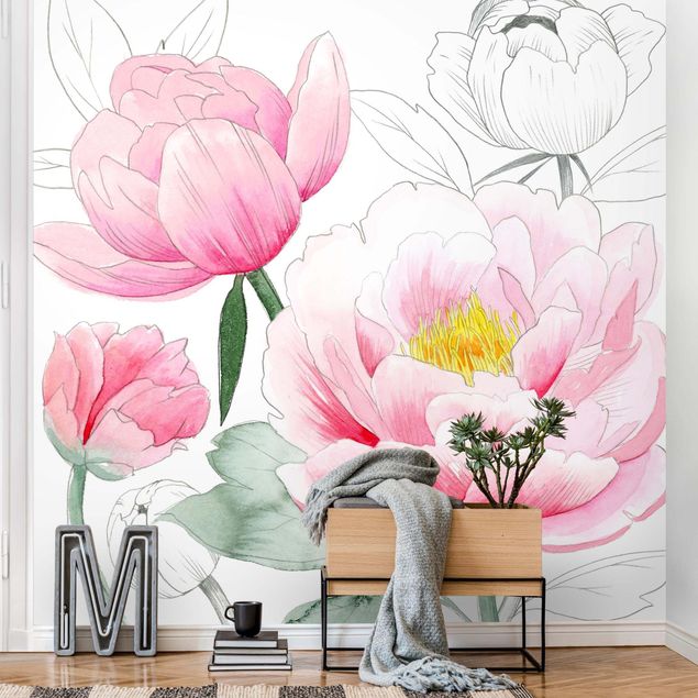 Floral wallpaper Drawing Light Pink Peonies