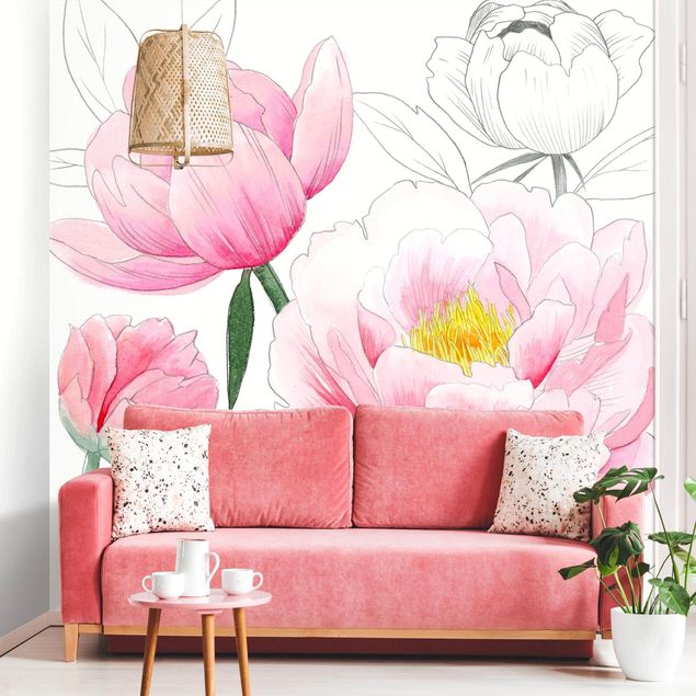 Contemporary wallpaper Drawing Light Pink Peonies