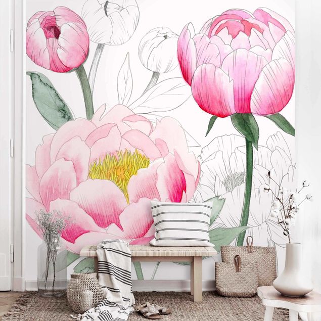 Wallpapers rose Drawing Light Pink Peonies II