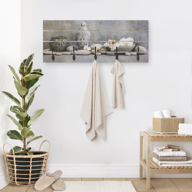 Grey wall mounted coat rack Zen Buddha With White Orchids