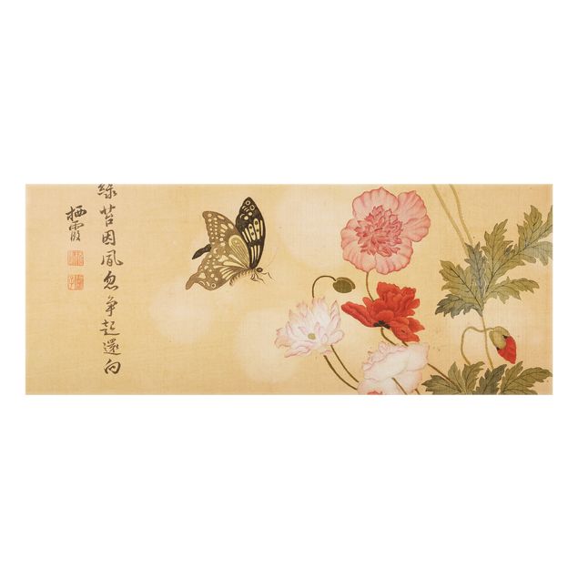Glass splashback art print Yuanyu Ma - Poppies And Butterflies