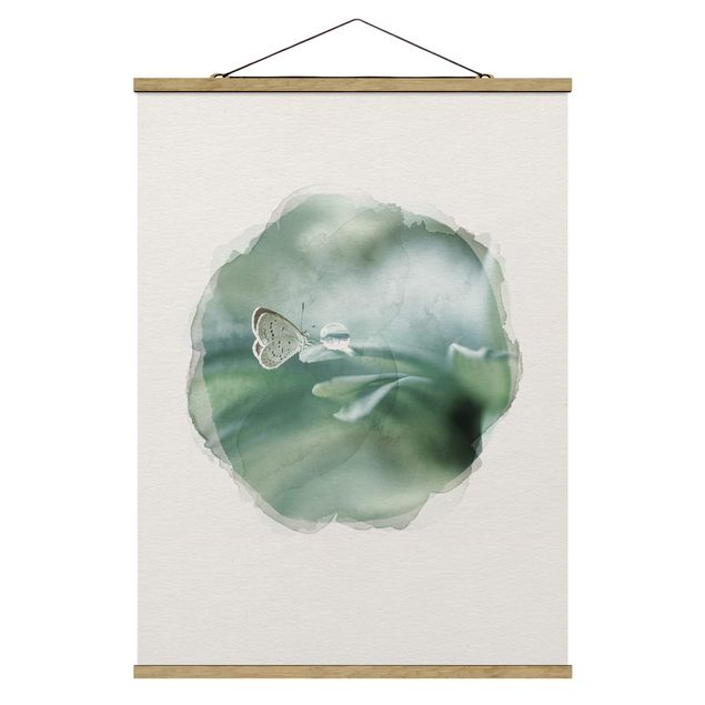 Prints floral WaterColours - Butterfly And Dew Drops In Pastel Green