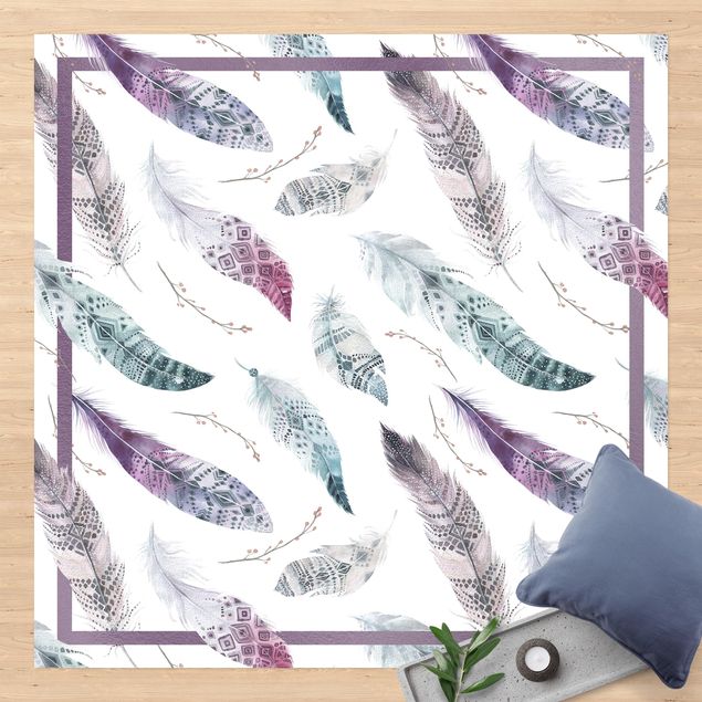 outdoor patio rugs Boho Watercolour Feathers In Aubergine And Petrol Colour With Frame