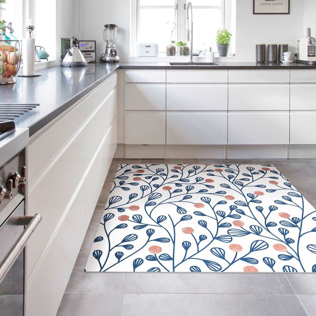 Kitchen Blue Plant Pattern With Dots In LIght Pink