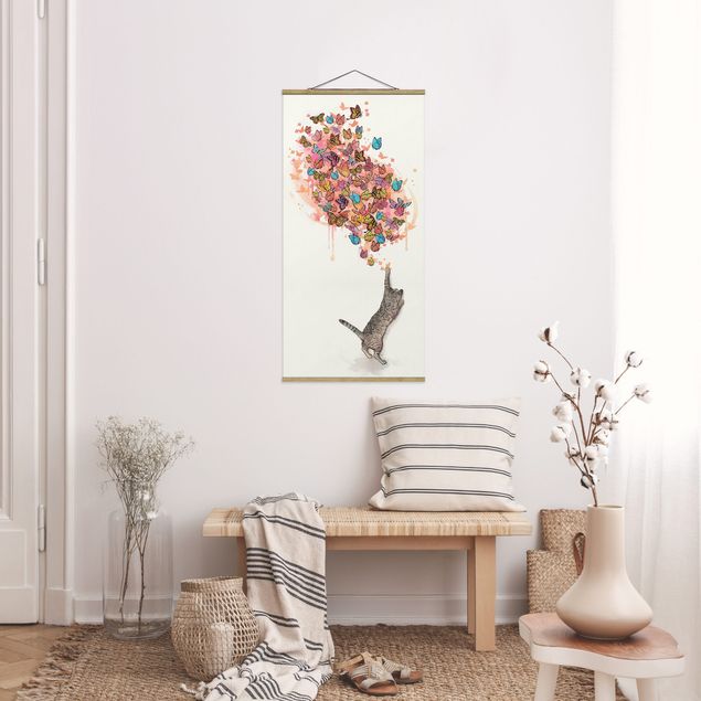 Cat print Illustration Cat With Colourful Butterflies Painting